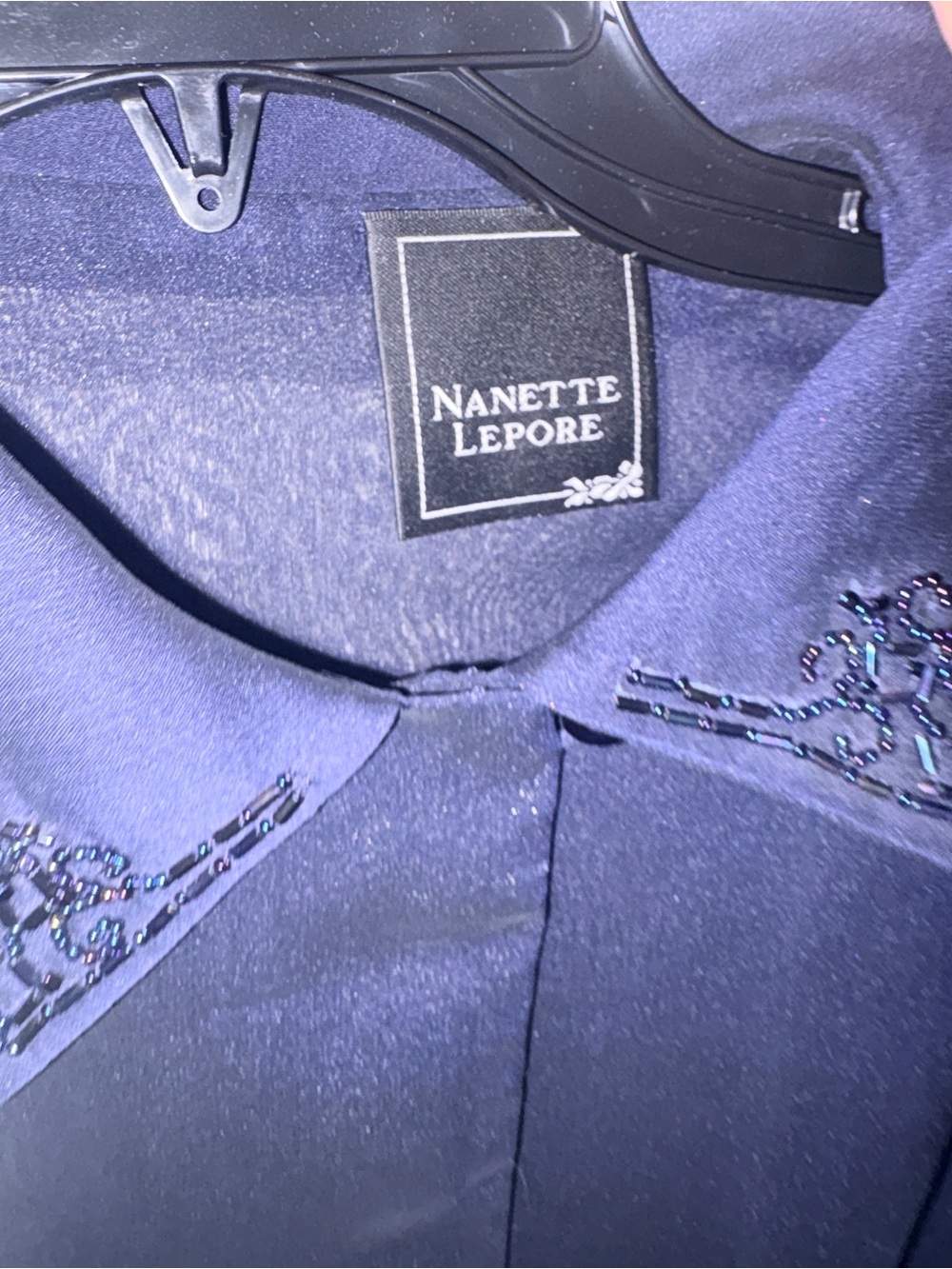 Nanette Lepore Navy Sheer Short-Sleeve Button-Down with Beaded Collar Accent - Picture 2 of 7
